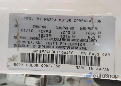 2020 Mazda Mazda3 Select Package z USA, uszkodzony, nr VIN JM1BPACL0L1166520